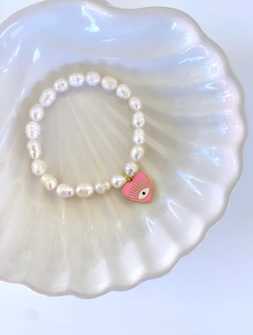 PEARL + PINK PROTECTION EYE CHARM BRACELET