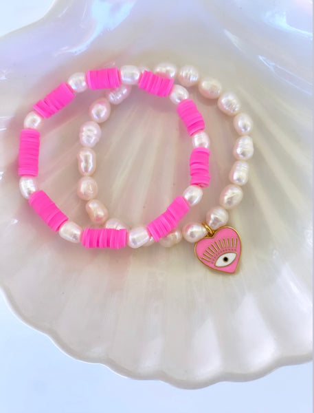 PEARL + PINK PROTECTION EYE CHARM BRACELET